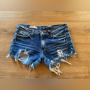 Red Engine Frayed Blue Jean Shorts